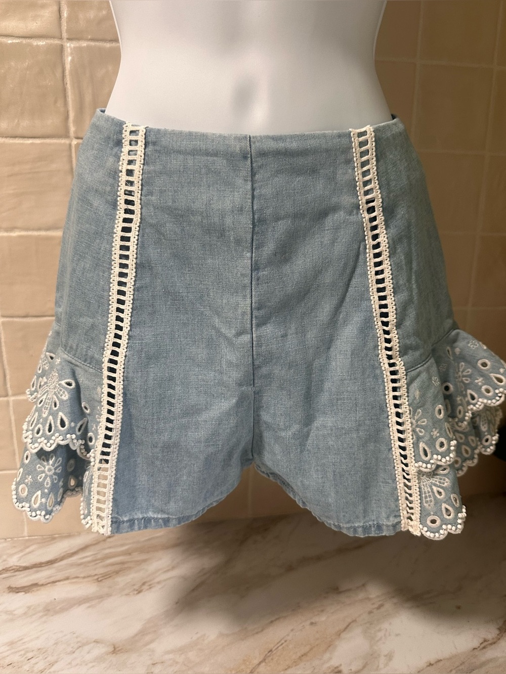 Miss Sixty Lace Appliqué Denim Shorts Size 23 Cotton Y2K Boho
